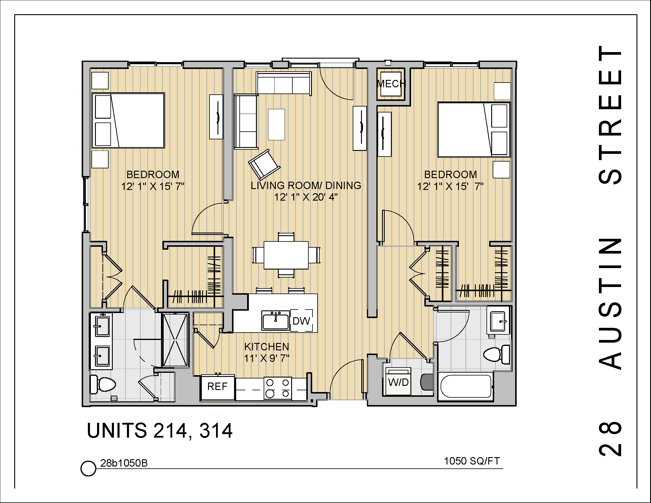 Floor plan for 2 beds, 2 baths, 1050 sqft